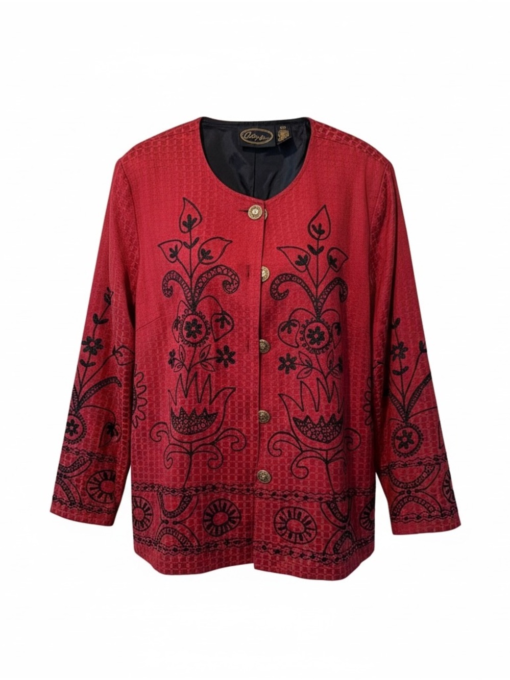 Alex Kim Red Black Folkloric Embroidered Blazer Jacket Plus Size 3X